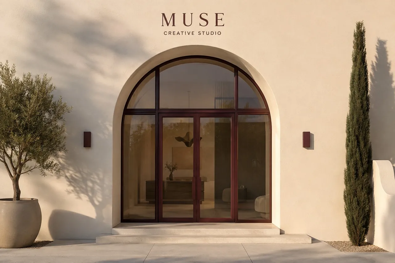 Muse Creative Studio entrance with an arched doorway in the afternoon sun